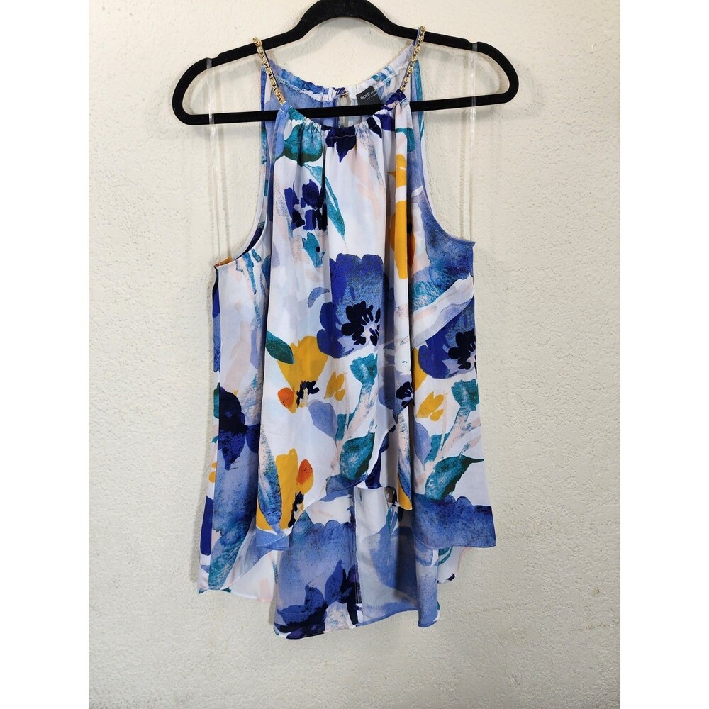 Bold Elements Halter Top XXL Blue Yellow Floral Gold Chain Strap Cut to Curve